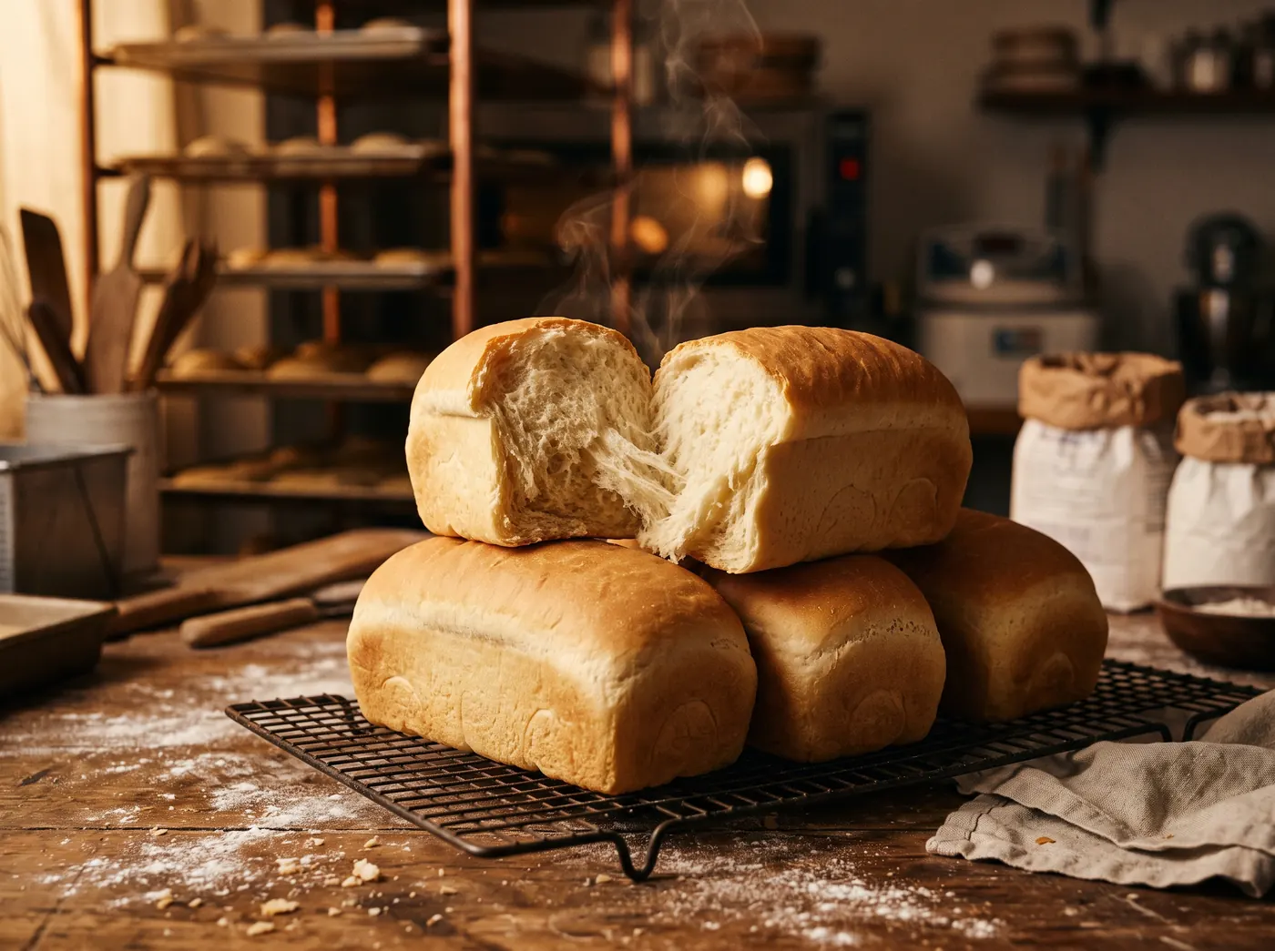 Soft loaves cooling on a wire rack, one torn open to show the crumb