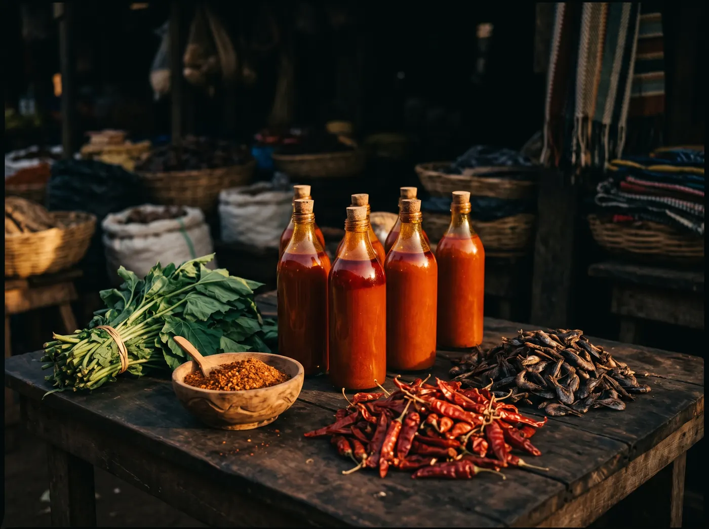 Palm oil, dried chillies, crayfish and green leaves on a dark table