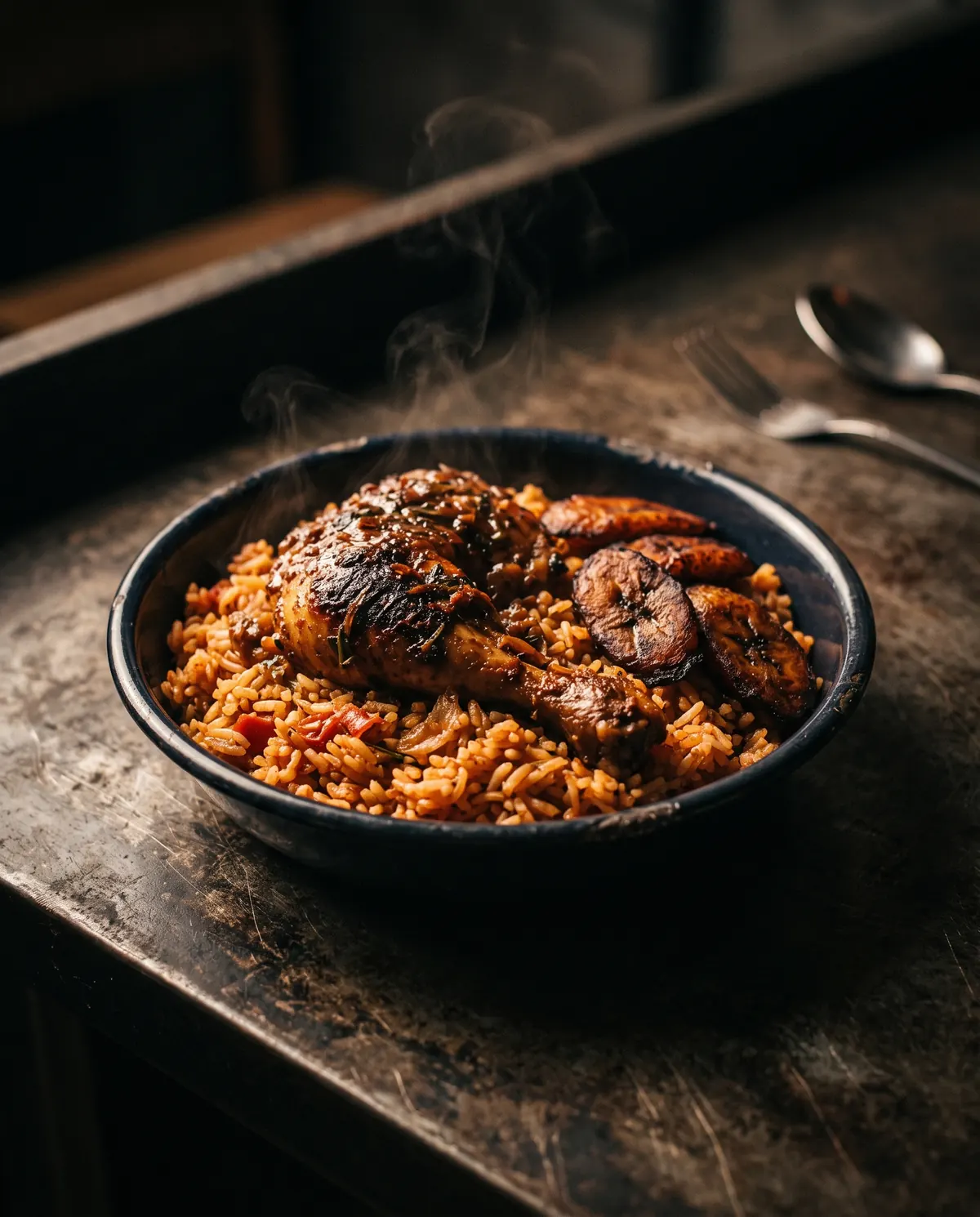 A bowl of jollof rice with braised chicken and fried plantain, steaming