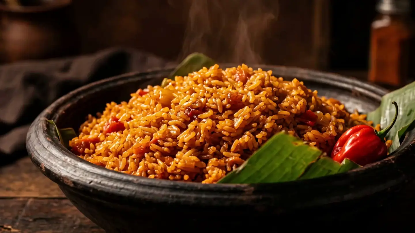 A clay pot of jollof rice steaming, banana leaf and a scotch bonnet at the rim